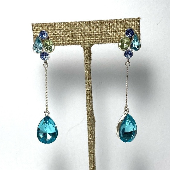 Earrings Dangles Drops Blue Rhinestones Silver Tone Long - Picture 8 of 11